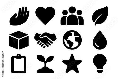 Volunteer Icons Set. Volunteer event. Solid icon set of volunteer event: hand, heart, people group, leaf, box, handshake, globe, water drop, clipboard, plant,
