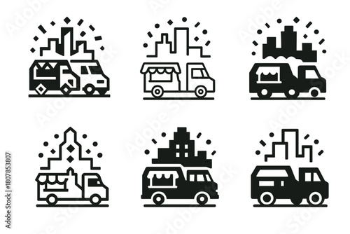Food Truck Logos. Food truck street parties. Icon set. Set Logo of food truck street parties: barbecue grill beside open truck window. harmonious