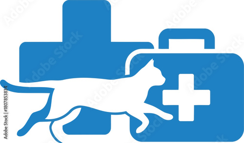 Blue Vector Logo Depicting a Running Cat Silhouette Overlaid on a Medical Cross and First Aid Kit, Symbolizing Urgent Veterinary Care and Feline Health Services
