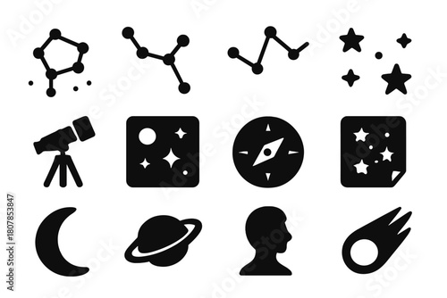 Constellation Icon Set. Constellations. Solid icon set of Constellations: Orion belt, Big Dipper, Cassiopeia, star connection lines, telescope, night sky,