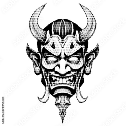 Abstract devil face vintage y2k halftone art, demonic stipple brutalist retro vector png with transparent background, dark 2000s aesthetic photocopy effect tattoo