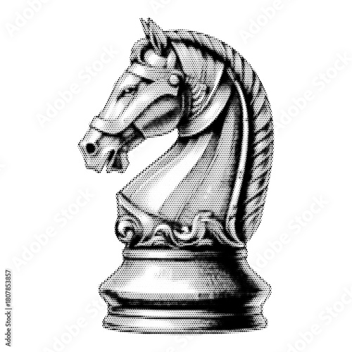 Chess knight vintage y2k halftone art, strategic horse piece stipple brutalist retro vector png with transparent background, retro 2000s aesthetic photocopy effect tattoo