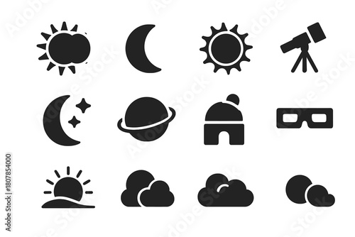 Solar Eclipse Icons. Solar Eclipse. Solid icon set of Solar Eclipse: sun, moon, shadow, corona, telescope, crescent moon, stars, planet, observatory, eclipse