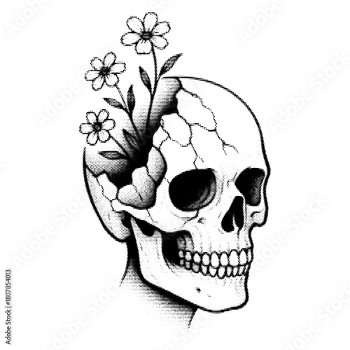 Skull with flower vintage y2k halftone art, floral gothic stipple brutalist retro vector png with transparent background, moody 2000s aesthetic photocopy effect tattoo