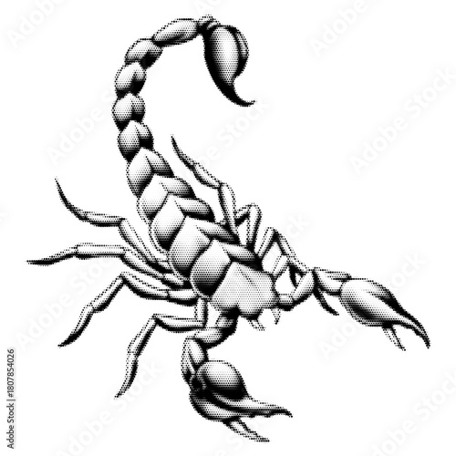 Scorpion vintage y2k halftone art, venomous arachnid stipple brutalist retro vector png with transparent background, dark 2000s aesthetic photocopy effect tattoo