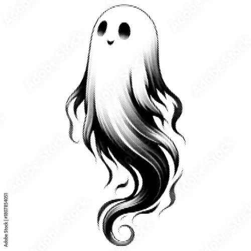 Cute ghost vintage y2k halftone art, playful spirit stipple brutalist retro vector png with transparent background, soft 2000s aesthetic photocopy effect tattoo