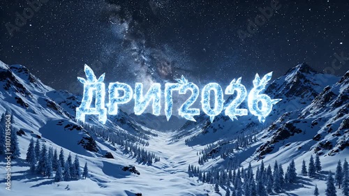 A stunning winter night scene showcasing snow-covered mountains under a starry sky with illuminated text displaying 'ДРИГ2026' in icy letters