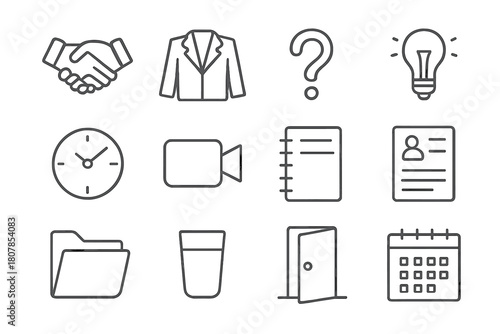 Interview Icons Set. Interview preparation. Line icon set of interview preparation: handshake, suit, question mark, lightbulb, clock, video call camera,