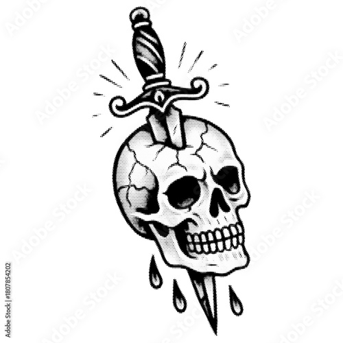 Knife pierced skull vintage y2k halftone art, brutal macabre stipple retro vector png with transparent background, dark 2000s aesthetic photocopy effect tattoo
