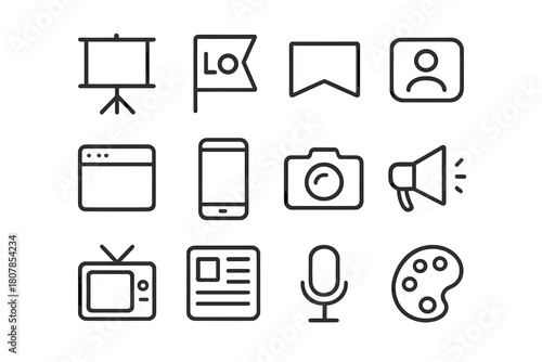 Media Icon Set. Media Coverage. Line icon set of Media Coverage: camera, microphone, television, press badge, person, flash, chat bubble, logo wall, crowd,