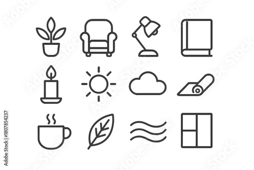 Workplace Calm Icons. Workplace Calm Spaces. Line icon set of Workplace Calm Spaces: plant, chair, lamp, book, candle, sun, cloud, yoga mat, cup, leaf, wave