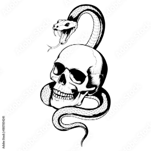 Skull with snake vintage y2k halftone art, serpentine gothic stipple brutalist retro vector png with transparent background, dark 2000s aesthetic photocopy effect tattoo