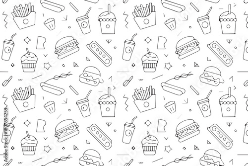fastfood repeat pattern fast food icons burger pizza fries drink cup