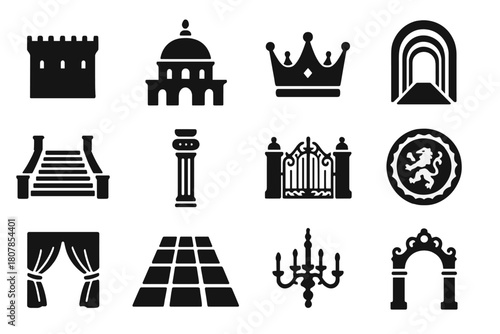 Royal Architecture Icons. Royal architecture. Solid icon set of Royal architecture: castle wall, palace dome, golden crown, arched hallway, grand staircase,