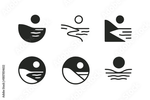 Minimalist Beach Logos. Empty Beach. Icon set. Set Logo of Empty Beach: minimalist coastline curve. harmonious logo variations of the same emblematic concept,