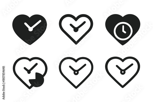 Relationship Distance Icons. Distance in relationship. Icon set. Set Logo of distance in relationship: clock and heart fusion. harmonious logo variations of