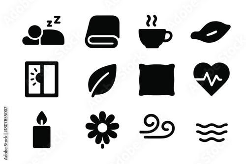 Peaceful Recovery Icons. Peaceful Recovery. Solid icon set of Peaceful Recovery: sleeping figure, blanket, tea cup, gentle hand, window light, leaf, pillow,