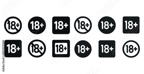 Variety of 18+ age restriction warning symbols in different shapes and styles