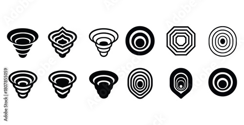 Black and white concentric spiral and circular geometric icons collection