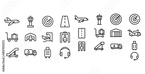 Airport icons: airplane, control tower, luggage, runway, headset