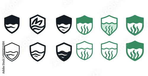 Set of twelve eco-friendly shield icons with nature and wave designs
