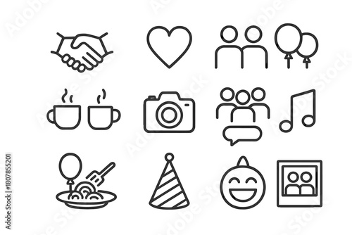Friendship Icons Collection. Friendship. Line icon set of friendship: handshake, heart, two people, coffee cup, camera, group chat, shared meal, laughter