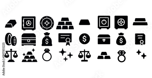 Collection of black financial and wealth icons featuring safe, coins, and gold bars
