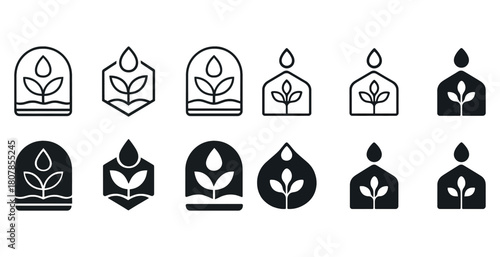 Variety of plant icon designs with growing leaf motifs in black and white styles