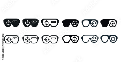 Set of twelve black and white gaming goggles icons with crosshair designs