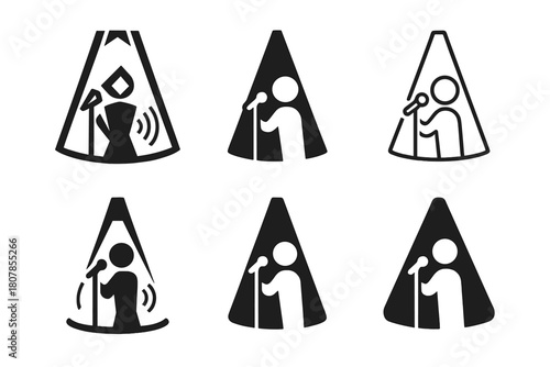 Singer Logo Variations. Singer in spotlight. Icon set. Set Logo of singer in spotlight: voice waves in light. harmonious logo variations of the same emblematic