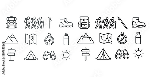 Hiking adventure icons: backpack, compass, boots, map, tent, mountain, binoculars
