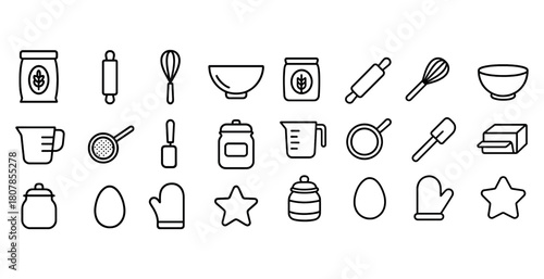 Outline icons of kitchen utensils and ingredients for baking