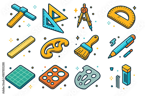Colorful Drafting Supplies Icons. Drafting supplies. Colorful isometric vector icons set of Drafting supplies: t-square, triangle set, compass, protractor,