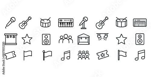 Music and performance icons set: microphone, guitar, drum, keyboard, stage