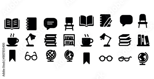 Icon set of books, speech bubbles, lamps, and globes for education and communication