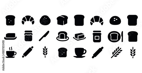 Black bread icons set: loaves, croissants, jams, utensils, coffee