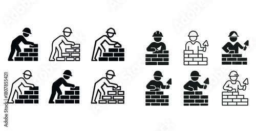 Icon set of bricklayer silhouettes with construction helmets and tools