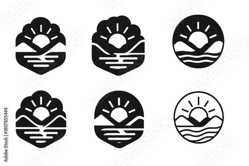 Flooded Valley Logos. Flooded valley. Icon set. Set Logo of flooded valley: house surrounded by rising water. harmonious logo variations of the same emblematic