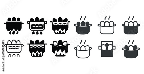 Set of egg boiling icons in various cooking pots and styles