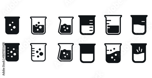 Set of black and white chemical beaker icons with liquid variations