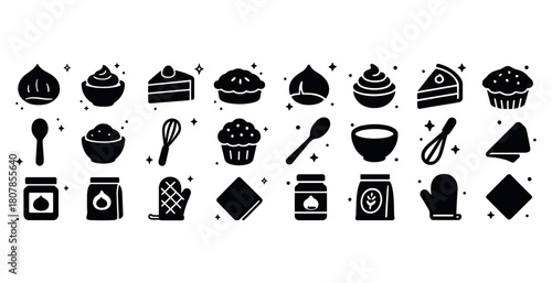 Baking icons: cakes, muffins, kitchen tools, and ingredients collection