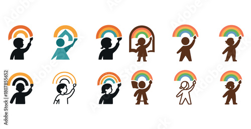 Diverse children silhouettes with rainbow playful designs