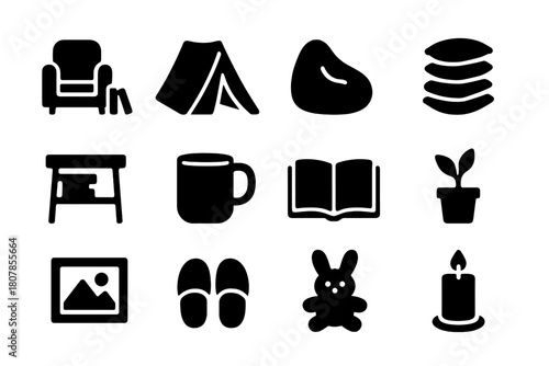 Cozy Personal Corners. Personal Corners. Solid icon set of Personal Corners: reading nook, blanket fort, bean bag, pillow stack, side table, mug, open book,