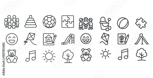 Set of children's outline icons: play, learn, and grow activities