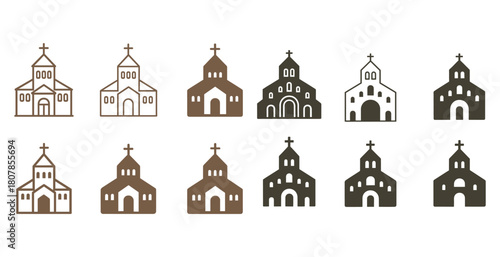 Set of twelve minimalist church icons in varying earth tones
