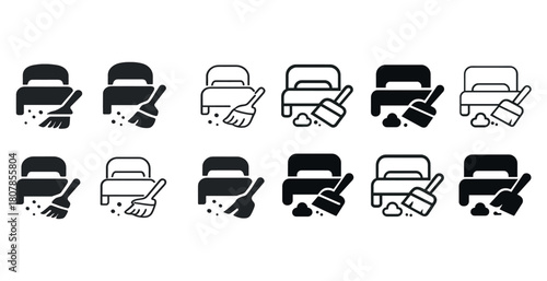 Black and white icons of bed, broom, and dustpan in various styles