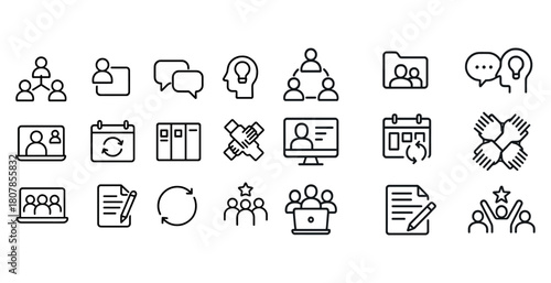 Teamwork and communication icons set: collaboration, meetings, and idea sharing