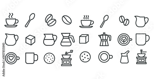 Minimalist coffee icons: cups, beans, grinders, and accessories in line art