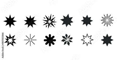 Set of twelve black star shape icons in various styles and patterns