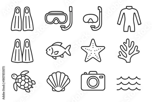 Ocean Snorkeling Icons. Ocean snorkeling. Line icon set of Ocean snorkeling: fins, snorkel mask, snorkel tube, wetsuit, flippers, fish, coral, starfish, sea